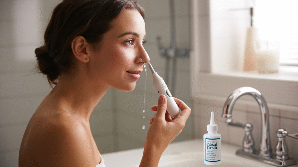 Woman using a nasal cleaning tool